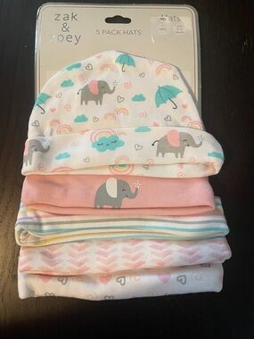 Zack & Zoey Pink, White & Teal Baby Girls 5-Pack Elephant Print Hats